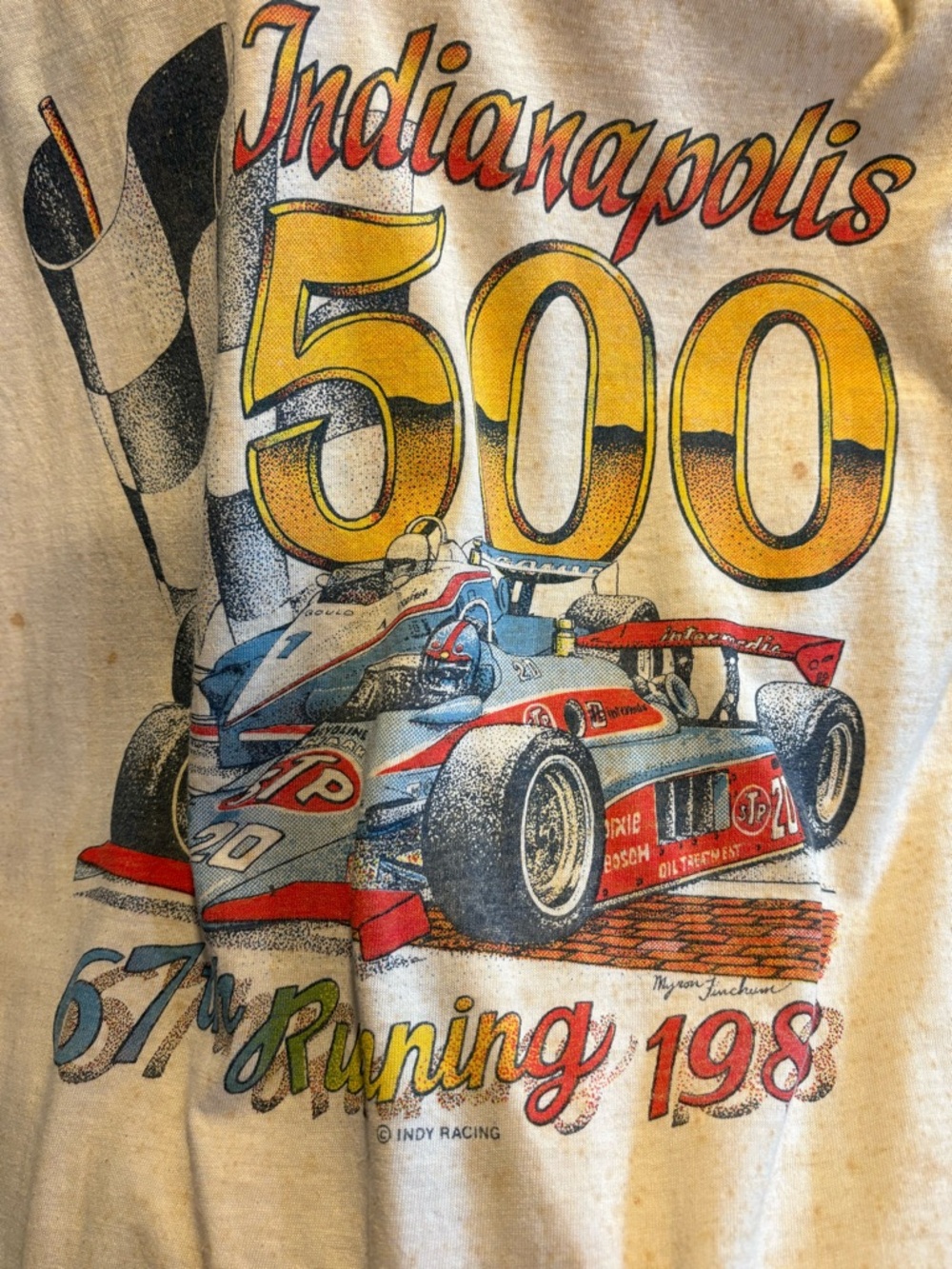Indianapolis 500 Men's Raglan Tee Cream & Blue Vintage Racing Graphic 1983 RARE - Picture 10 of 10